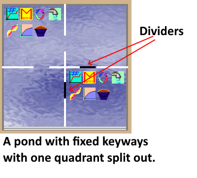 A representation of a rectangular pond that can be divided into quarters. Annotations show where the pond can be divided.